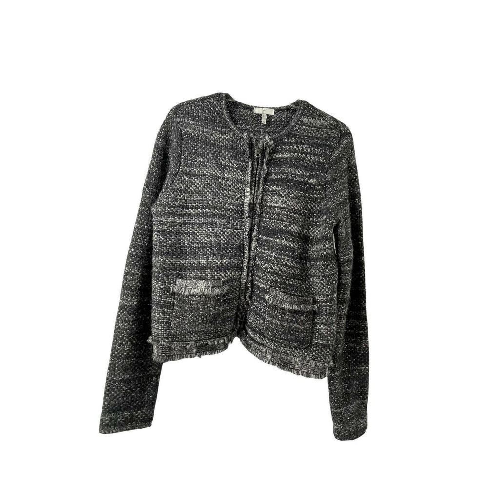 Joie Full Zip Sweater Womens Small Gray Wool Blend Fringe Trim Pockets Classic